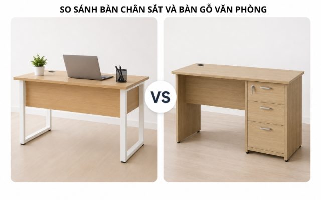 So sánh bàn văn phòng chân sắt và bàn gỗ