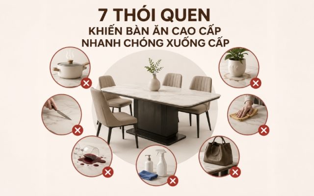 Hình minh họa các thói quen phổ biến khiến bàn ăn cao cấp nhanh hư hỏng theo thời gian.