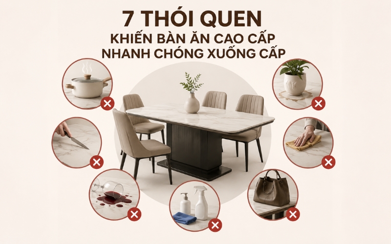 Hình minh họa các thói quen phổ biến khiến bàn ăn cao cấp nhanh hư hỏng theo thời gian.