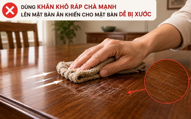 Người dùng lau chùi bàn ăn bằng khăn khô ráp