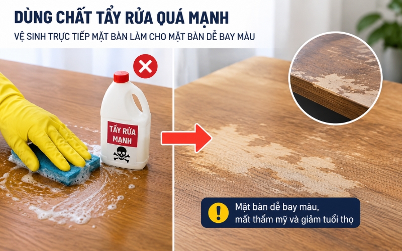 Người dùng vệ sinh bàn ăn bằng chất tẩy rửa mạnh trực tiếp trên bề mặt bàn.