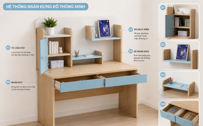 Bàn học phân chia các khoang ngăn giúp bé lưu trữ tốt hơn 